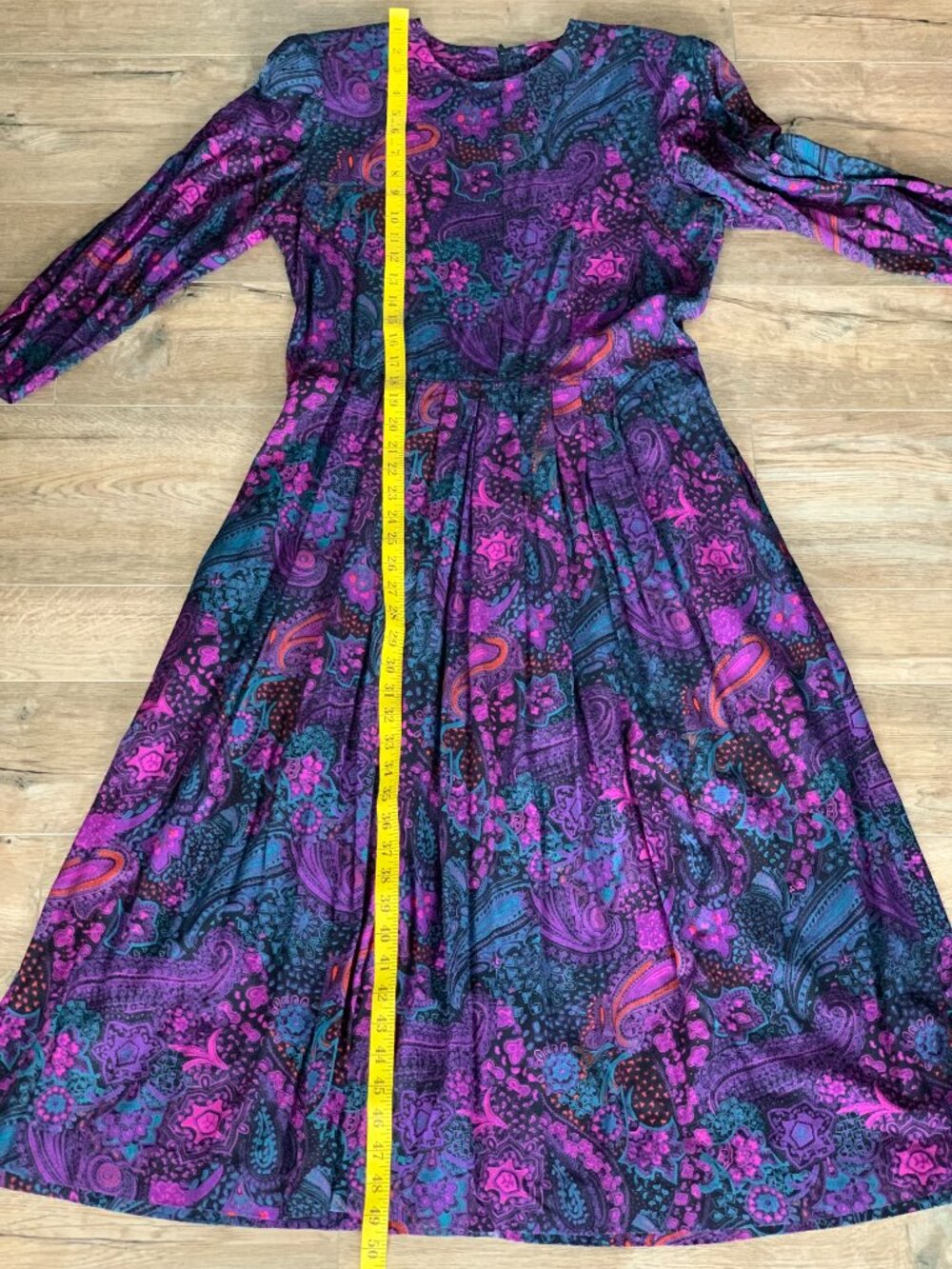 Vintage Paisley Maxi Midi Dress M Purple Pleated Long Puff Sleeve Pockets Modest - Picture 16 of 16
